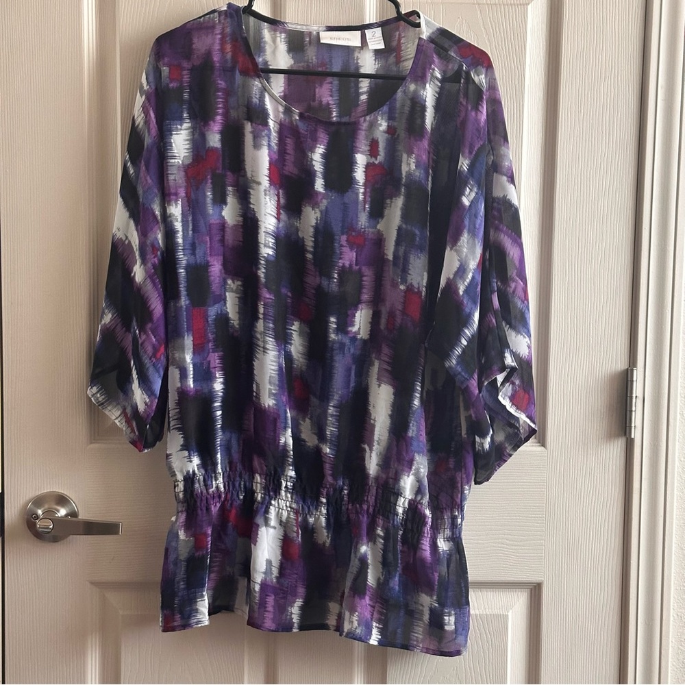 Chico's Purple Sheer Boho Abstract Smocked Waist Top Women’s Size 2 (Large - 12)